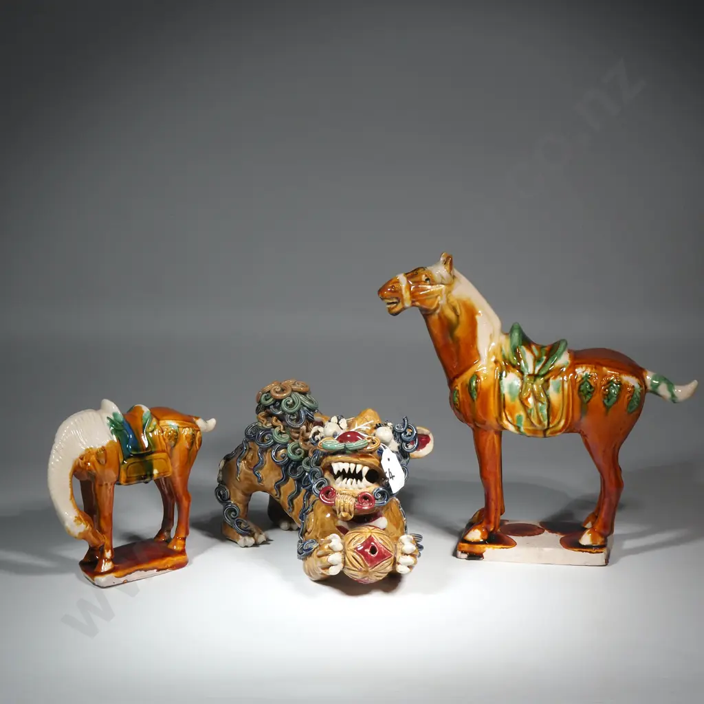 Large Majolica Glazed Foo Dog & Two Tang Horses Image 1++