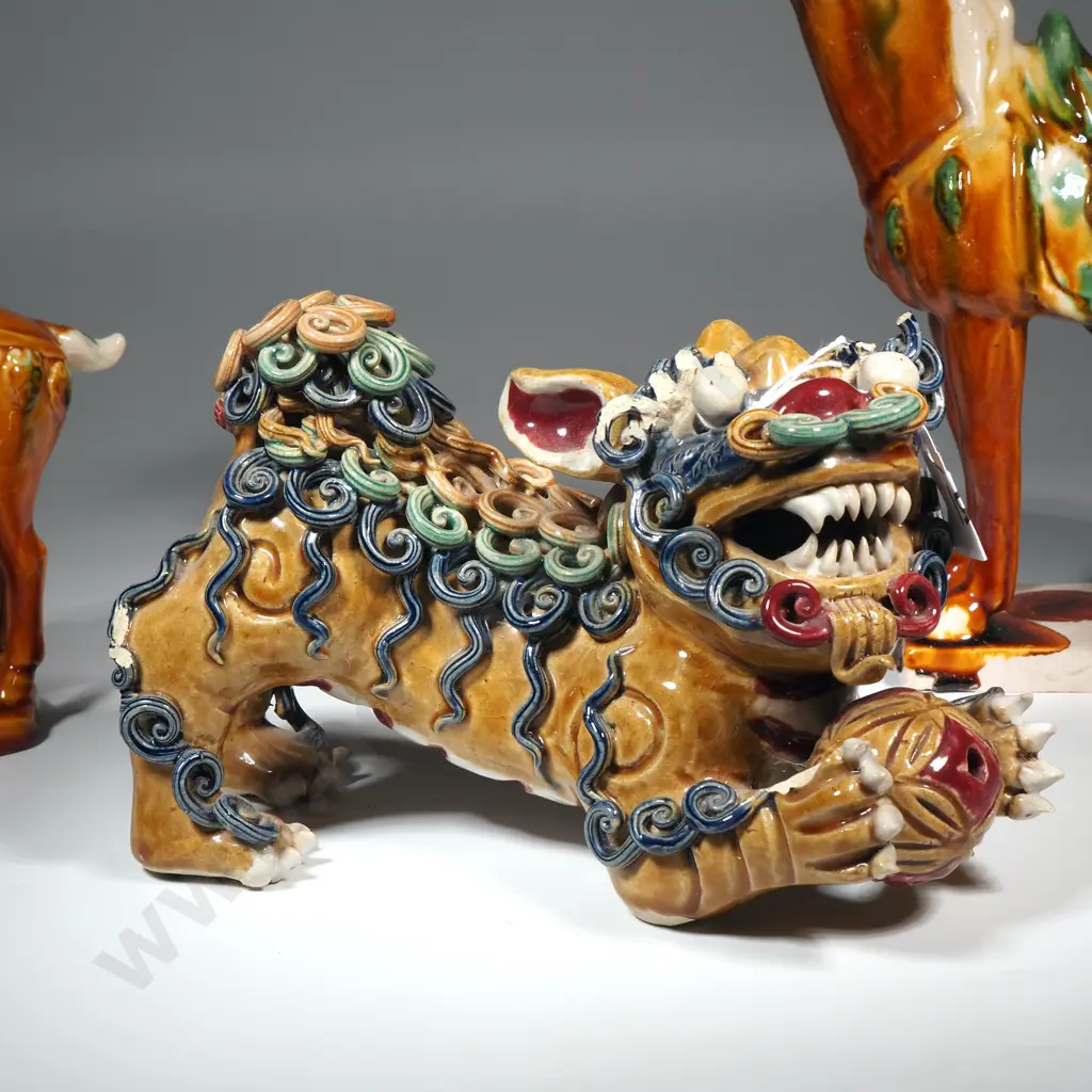 Large Majolica Glazed Foo Dog & Two Tang Horses Image 1++