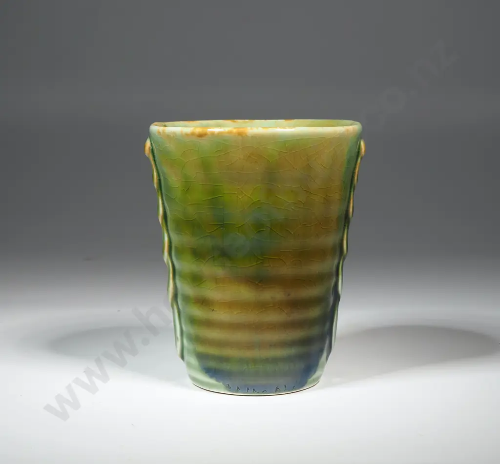 Crown Lynn Green Brown Glazed  Miniature Vase w Applied Leaf Motif Image 1++