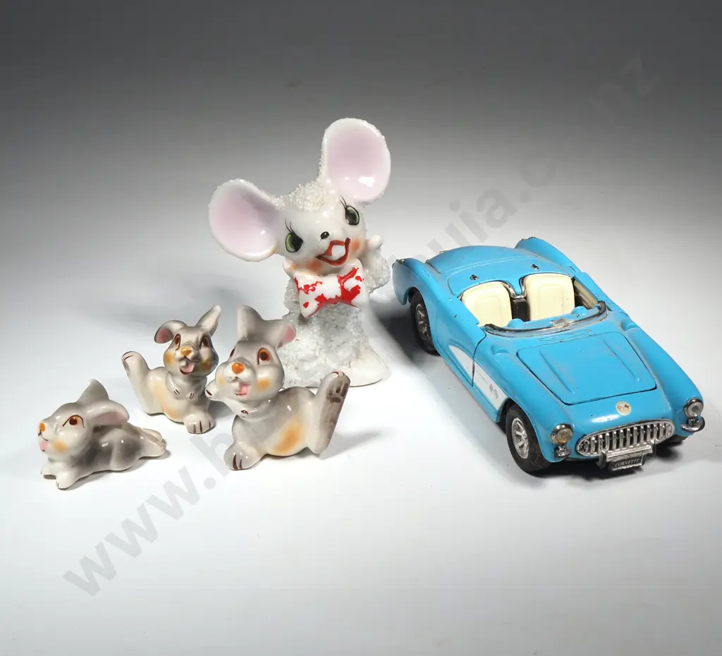 Three Vintage Thumper Rabbit Figures (Circa 1950), a Die Cast Model 1957 Blue Corvette & a Ceramic Mouse Figure Image 1++