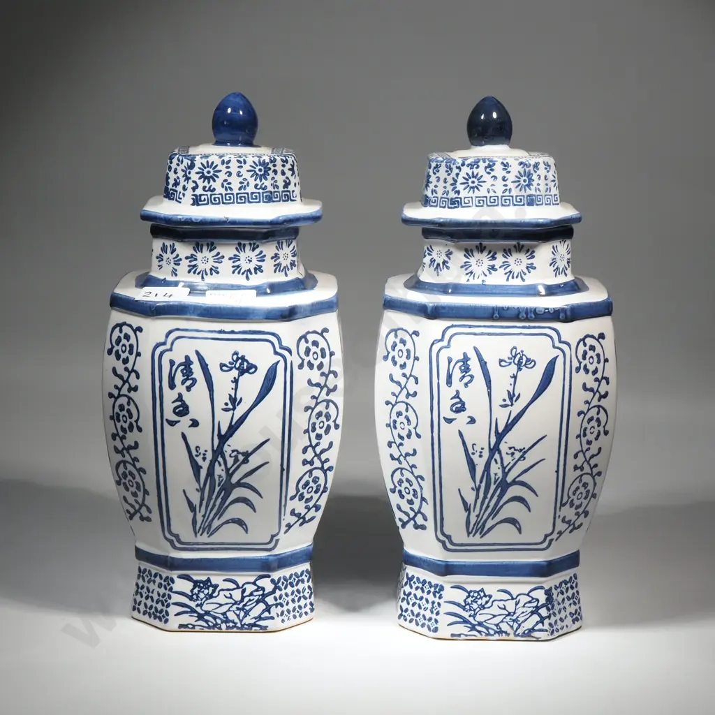 Large Pair of Blue & White Oriental Style Lidded Jars.  Image 1++