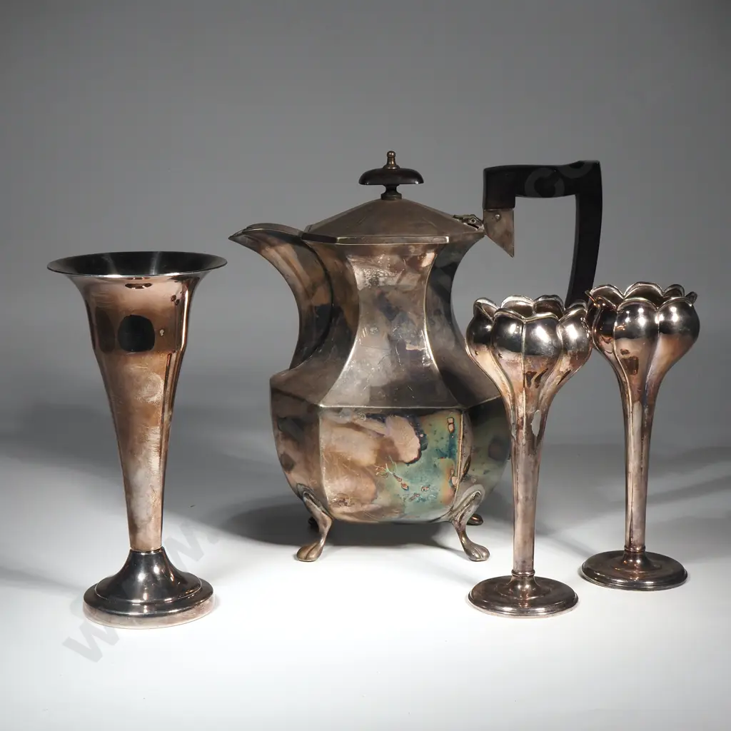 Pair of Silver Plate Tulip Shaped Bud  Vases, Silver Plated Water Jug & A Trumpet Shaped Posy Vase Image 1++