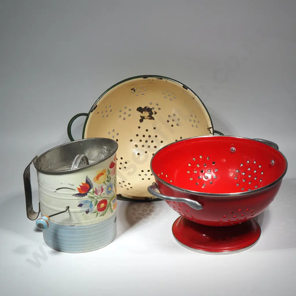 Two Enamel Colanders, One Red & The Other Cream & Green & A Vintage Flour Sieve.  Image 1++