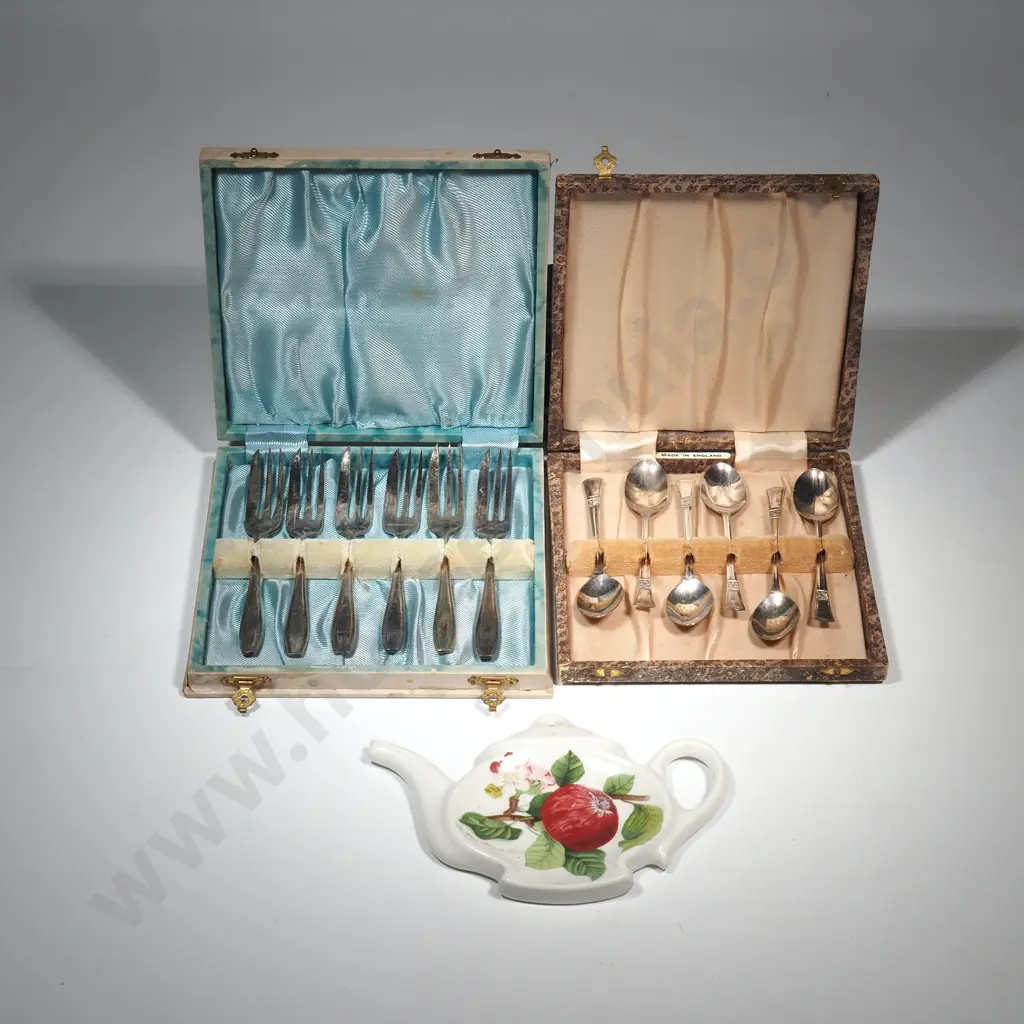 Boxed EPNS Cake Forks & Boxed EPNS Teaspoons Together w Portmeirion Pomona Spoon Rest.  Image 1++