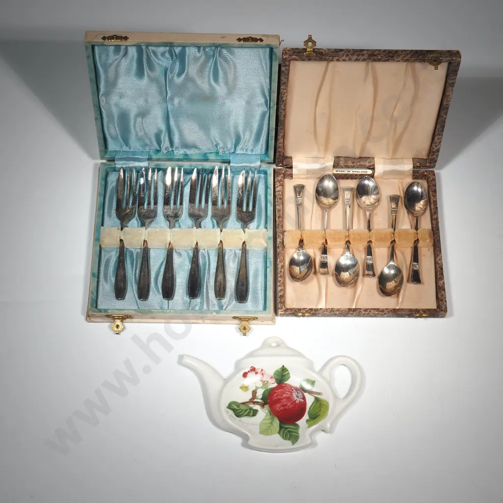 Boxed EPNS Cake Forks & Boxed EPNS Teaspoons Together w Portmeirion Pomona Spoon Rest.  Image 1++