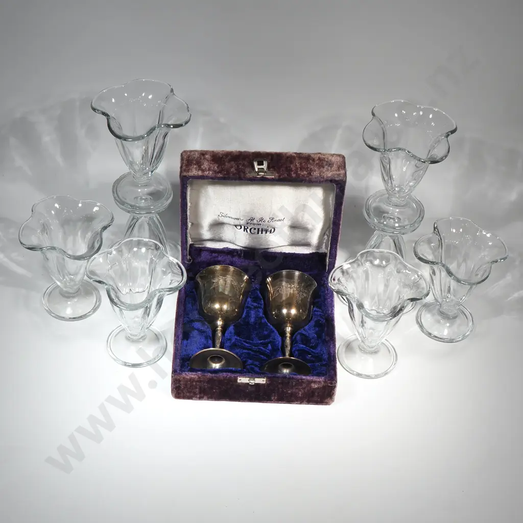 Vintage Fluted Glass Sundae Dish (X8) & Silver-Plated Goblets w Purple Velvet Hinged & Lined Case Image 1++