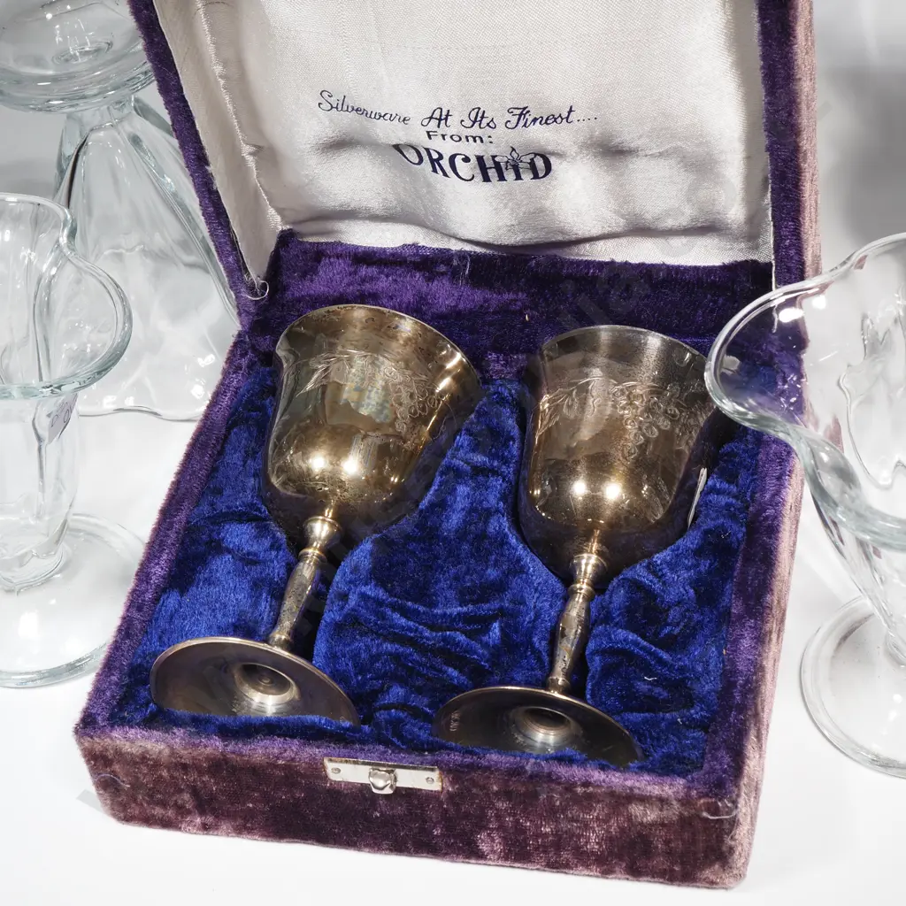 Vintage Fluted Glass Sundae Dish (X8) & Silver-Plated Goblets w Purple Velvet Hinged & Lined Case Image 1++