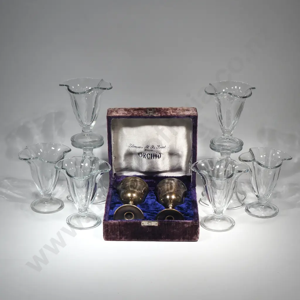 Vintage Fluted Glass Sundae Dish (X8) & Silver-Plated Goblets w Purple Velvet Hinged & Lined Case Image 1++