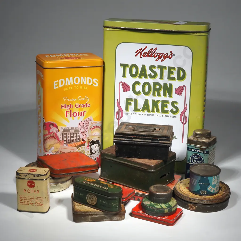 Collection Of Vintage Tins To Include Kelloggs Toasted Corn Flakes,Edmond Flour, Money Box, Dubbin, Pall Mall Rothermans Image 1++