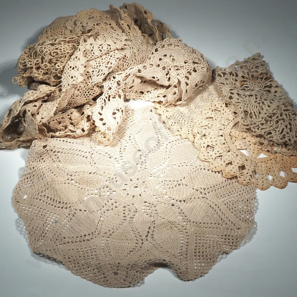 Collection Of Fifteen Vintage Beige Cotton Crocheted  Doilies & Runners Image 1++