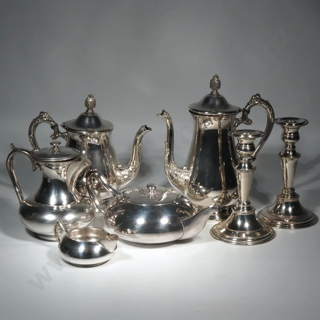 Mixed Lot of S/P Milk Jug, Tea Pot, Three Coffee Pots &a  Pair of Candle Sticks - One AF Image 1++