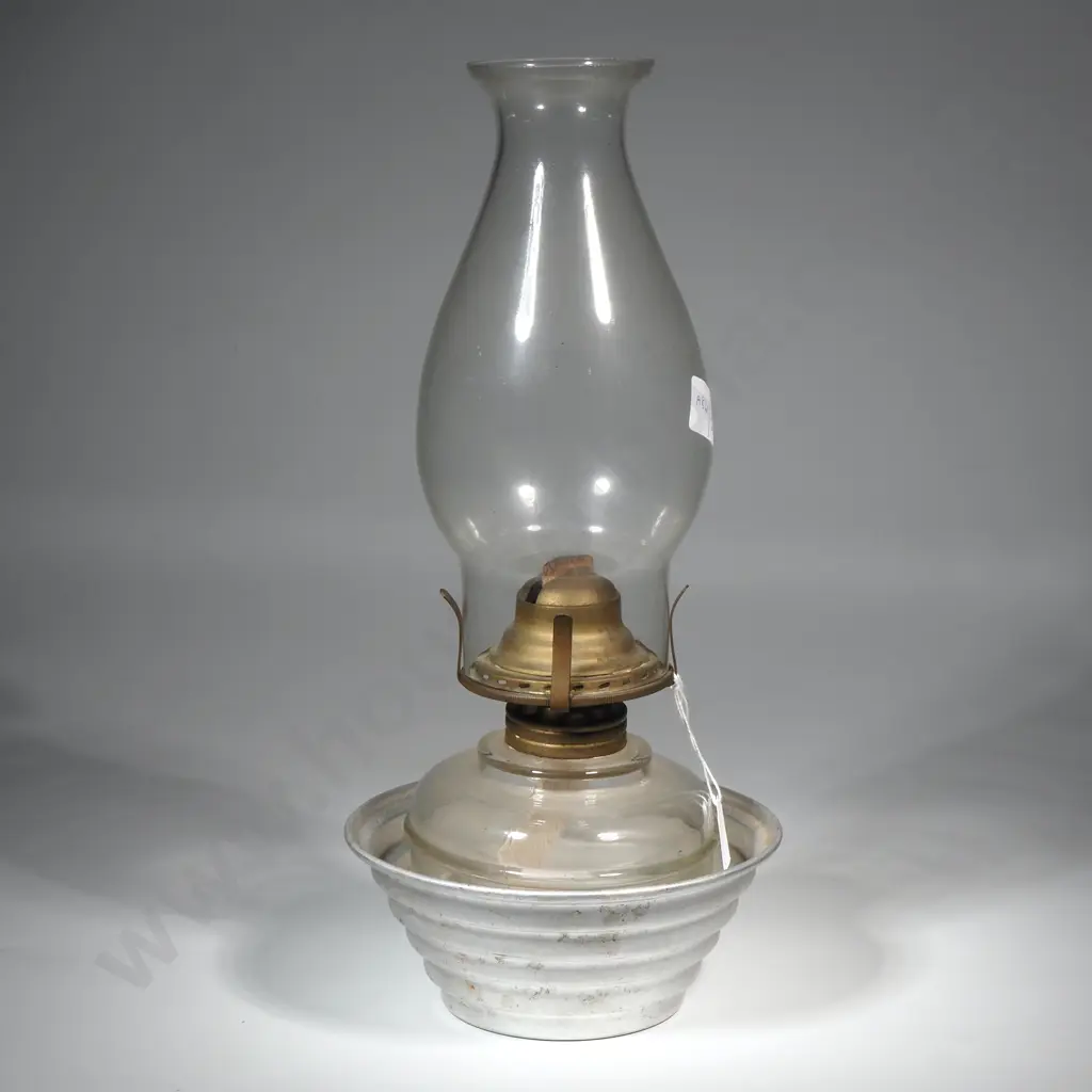 Vintage Kerosene Oil Lamp with Shade & A Vintage Ribbed Aluminium Bowl  Image 1++