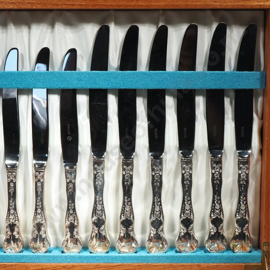 Six Place Rodd Silver Plate Cutlery Set Including Salad Server, Cake Slice, Bread Knife in Wooden Box     Image 1++