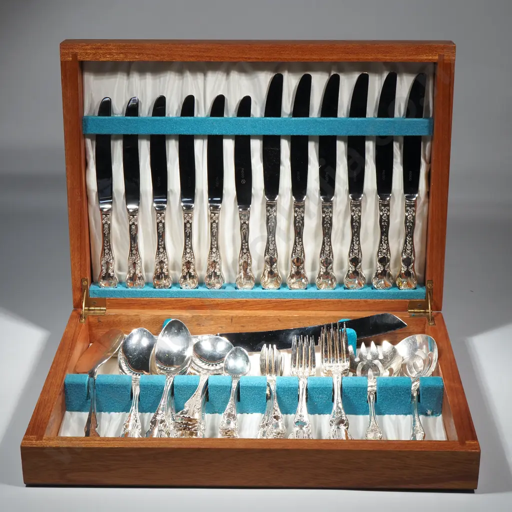 Six Place Rodd Silver Plate Cutlery Set Including Salad Server, Cake Slice, Bread Knife in Wooden Box     Image 1++