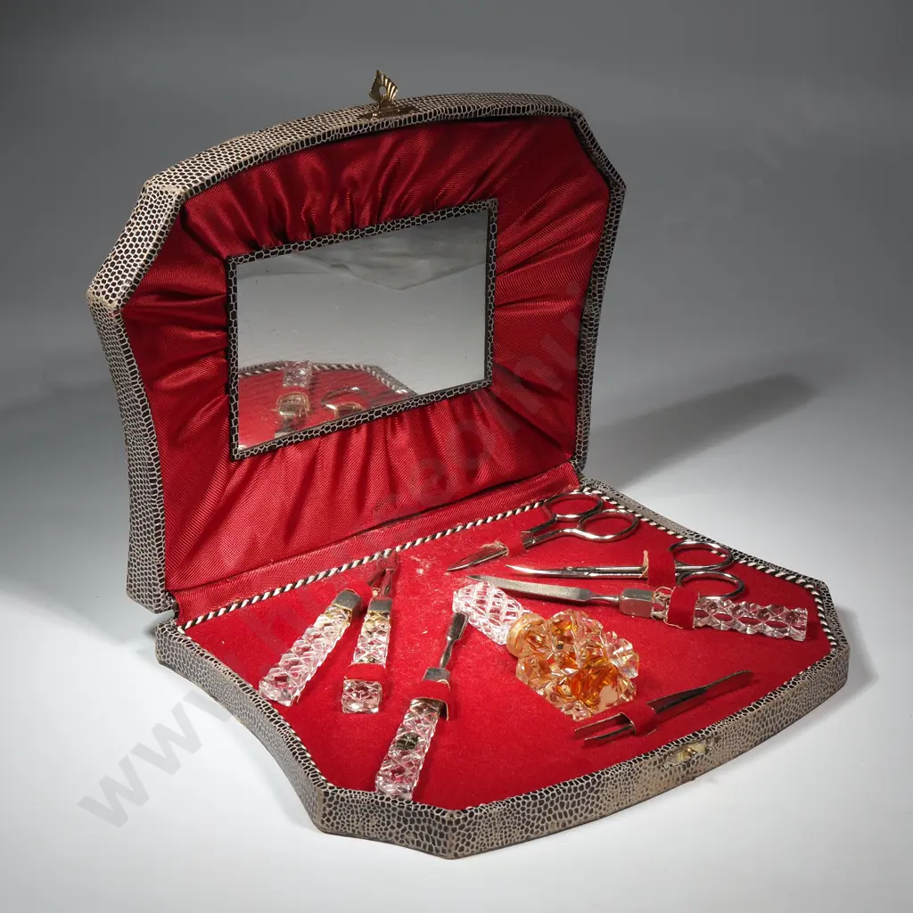 Boxed Hand Cut Crystal Vanity Set Comprising Perfume Bottle & Manicure Tools & A Square Art Deco Powder Compact  Image 1++