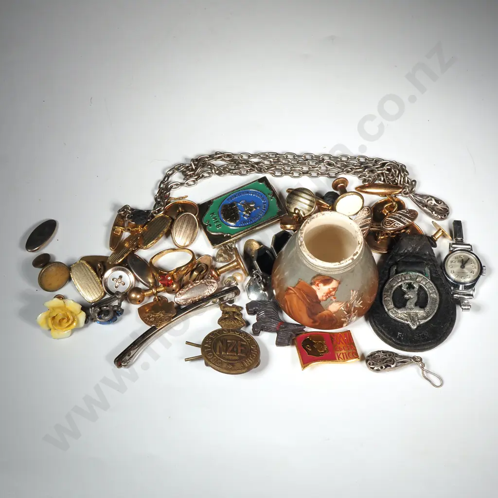 Collection Of Jewellery Including Various Cufflinks, Earrings, Ring, Badges, Chain &  A Miniature Vase.  Image 1++