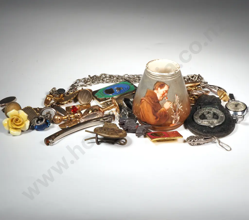Collection Of Jewellery Including Various Cufflinks, Earrings, Ring, Badges, Chain &  A Miniature Vase.  Image 1++