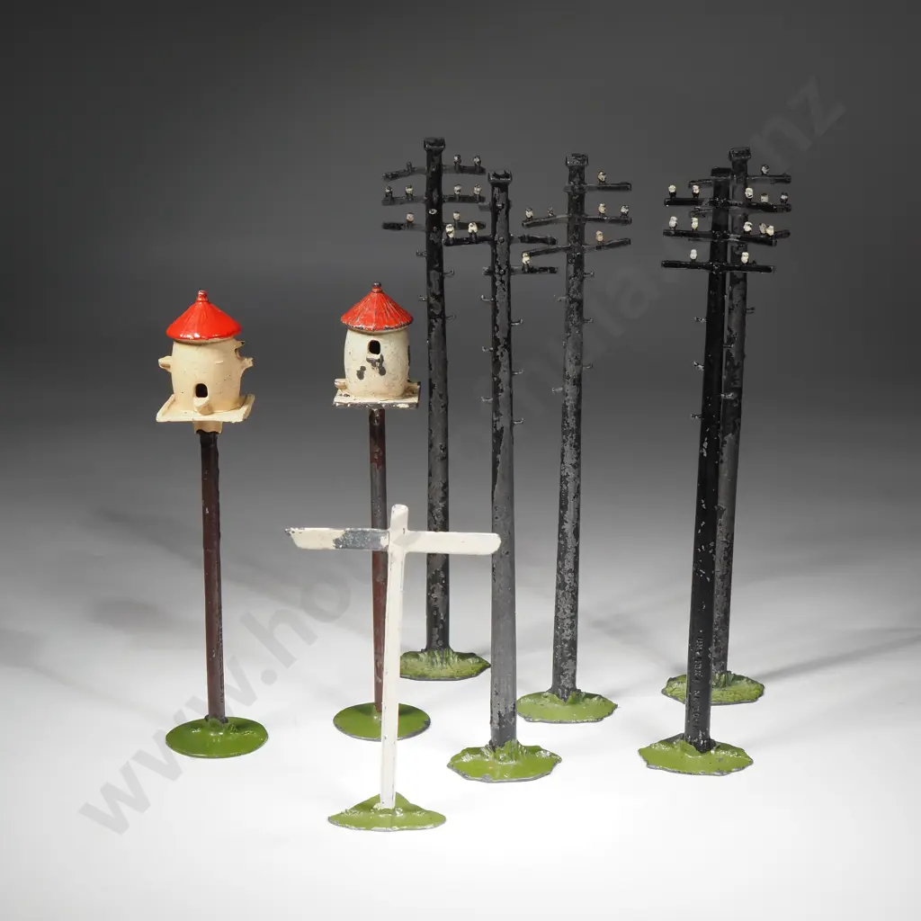 Four Britains Vintage Painted Hollow-Cast Lead Powerline Posts, Two Dovecotes, & a Sign Image 1++