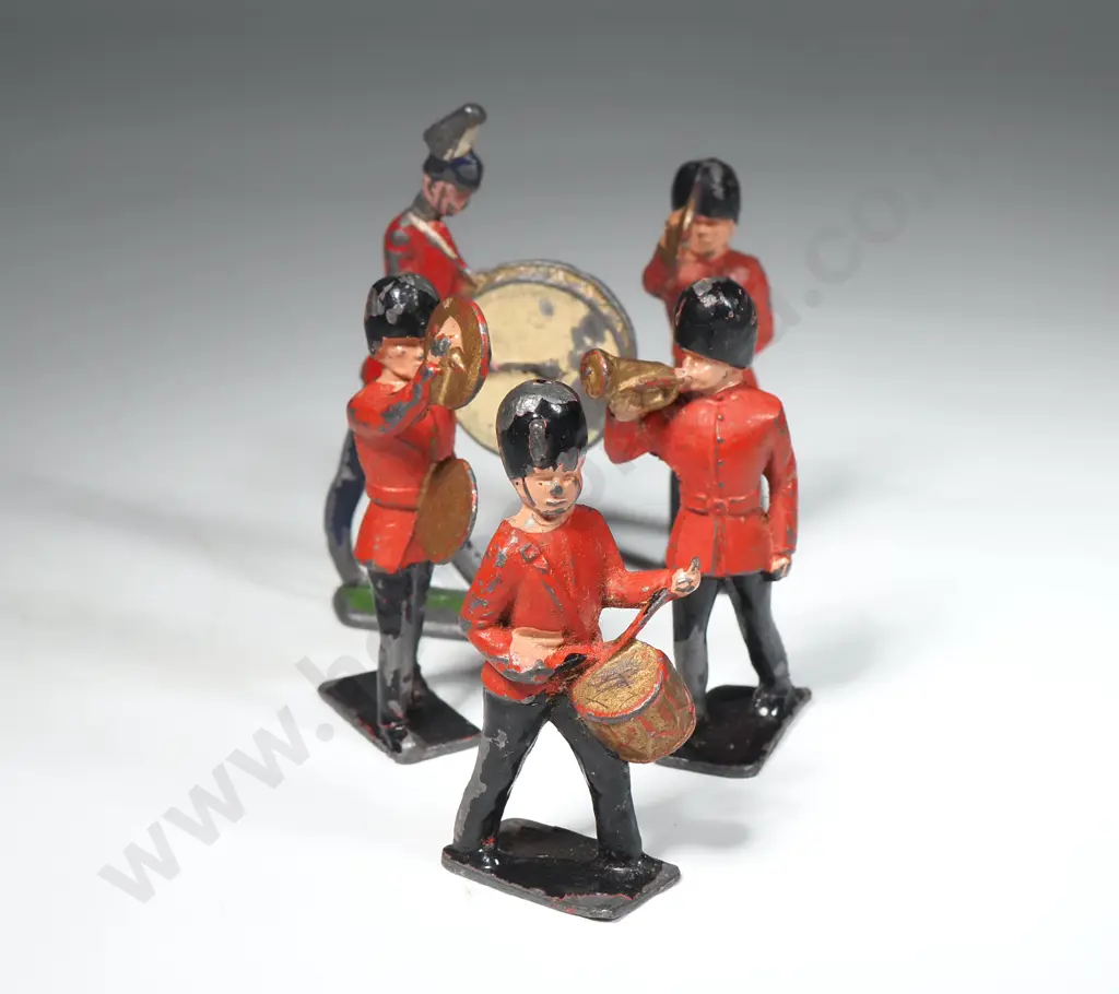 Five Britains Vintage Painted Hollow-Cast Lead Toy Soldiers - Red/Black Bandsmen Image 1++
