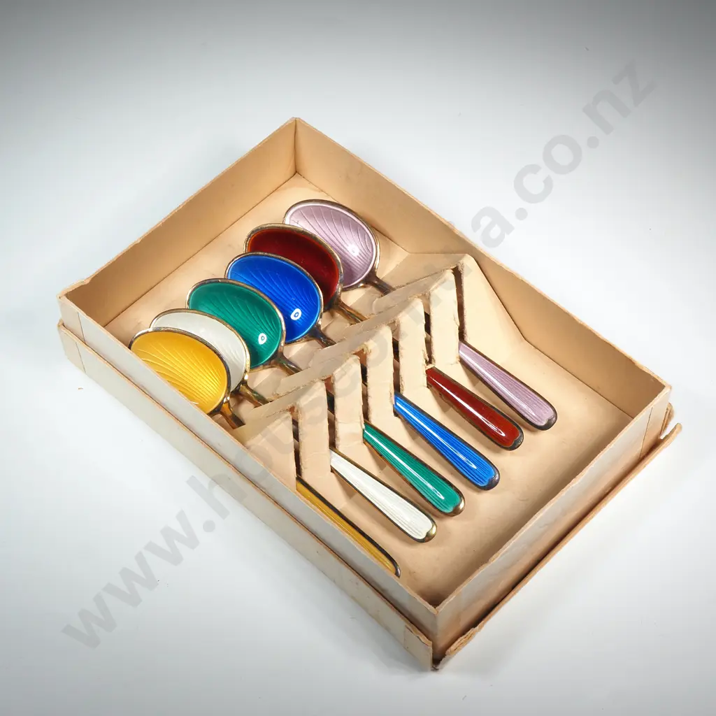 Cased Set of Six Norwegian Sterling Silver & Enamel Spoons Image 1++