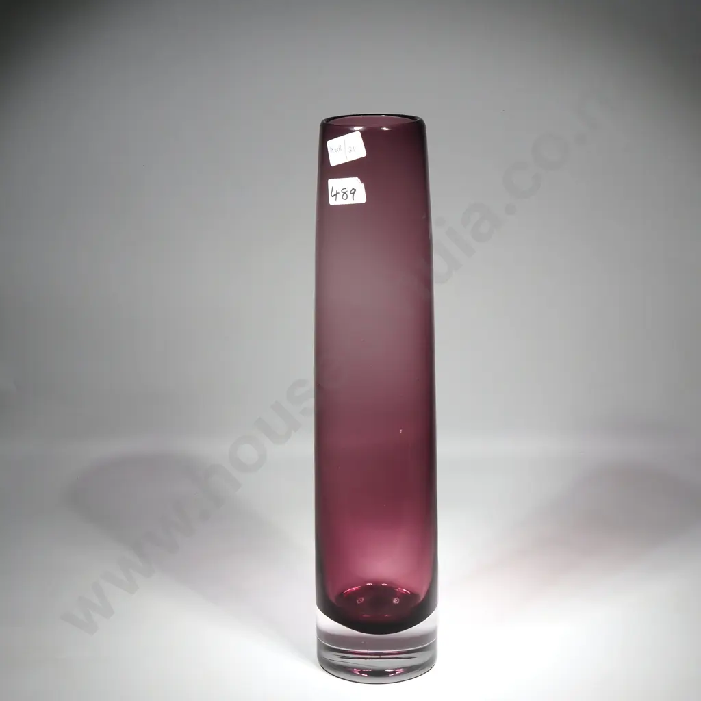 Tall Purple Cylindrical  Art Glass Vase Of  Slightly Tapered Form Image 1++