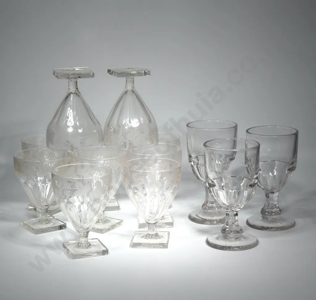 Set Of Ten Square Foot Glasses w Grape & Vine Decoration & Three Heavy Moulded Glass Goblets. Ideal For Wine Or Water Image 1++