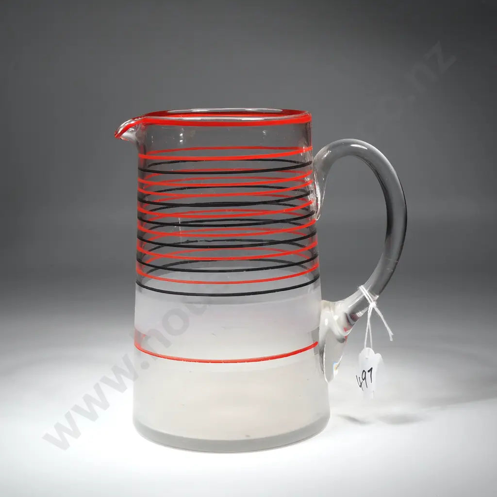 Retro Glass Water/Lemonade Jug w Red & Black Horizontal Stripes. Circa 1950.  Image 1++