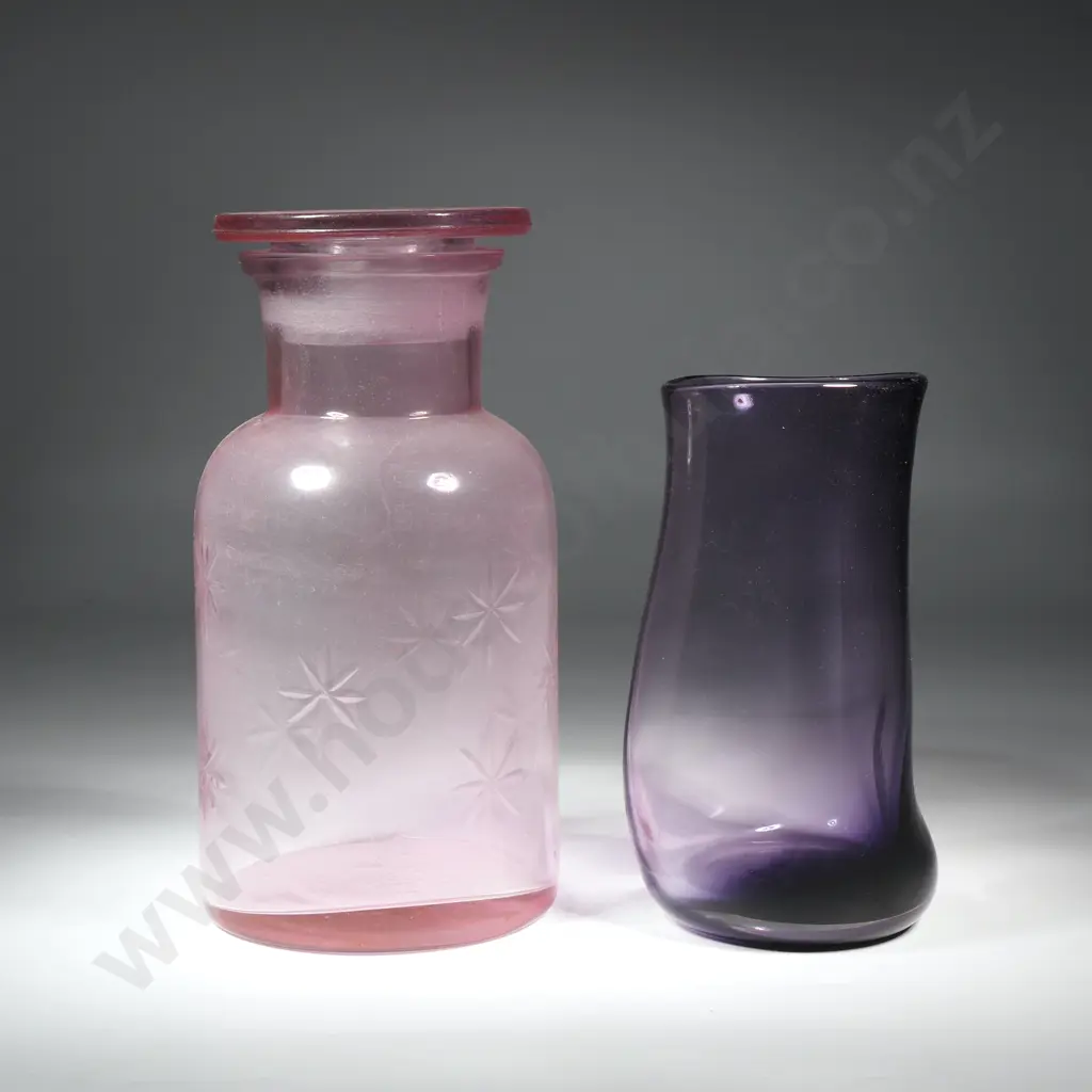Pink Glass Lidded Jar w Star Burst Design & An Amethyst Purple Triangular Form Vase Image 1++