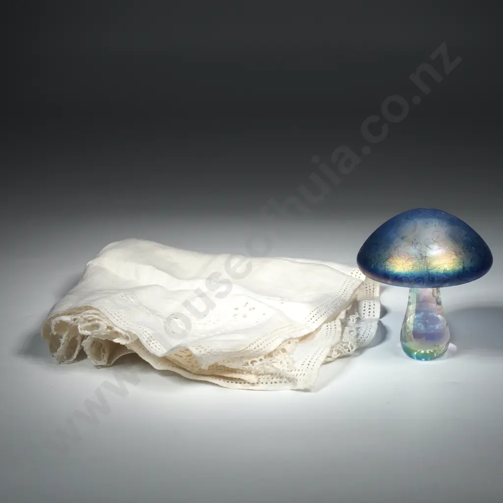 Iridescent Glass Mushroom & Two Ladies Cotton/Lace Handkerchiefs Image 1++
