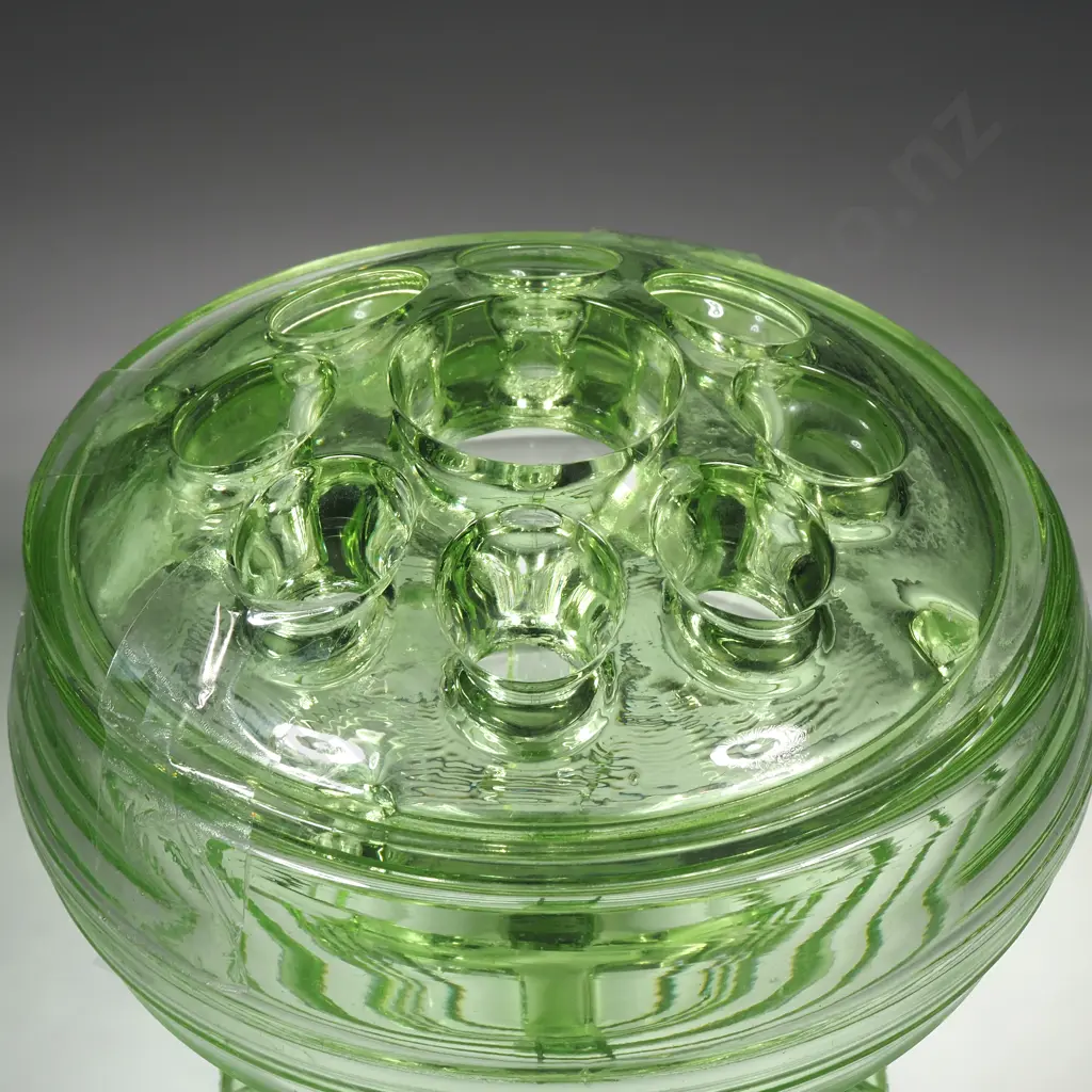 Art Deco Green Glass Bowl On Four Feet Complete w Frog.  Image 1++