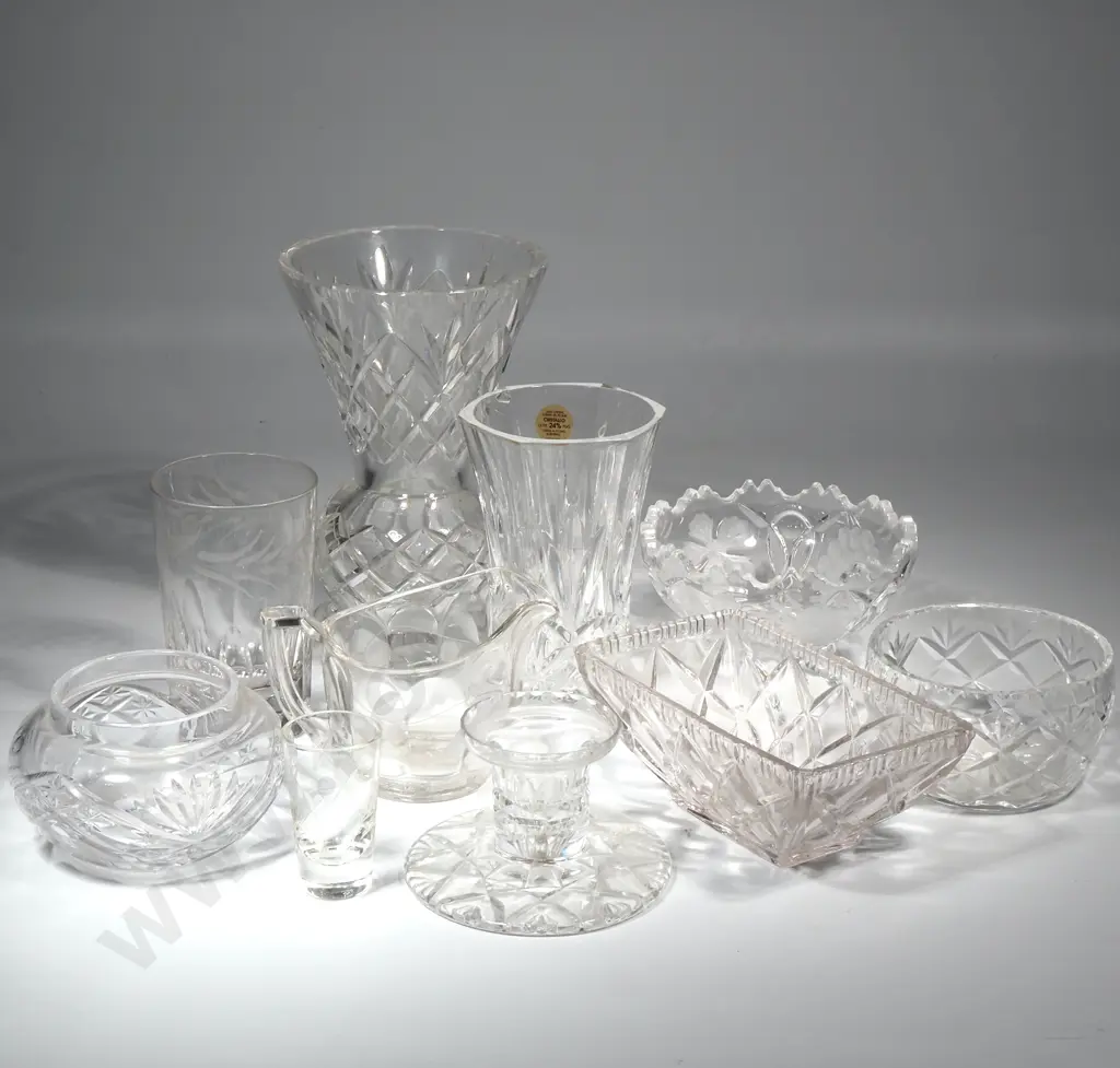 Collection Of Vintage Glass Including  Crystal Candlestick , Two Crystal Salts, Small Cut Glass Trough Vase, Crysal Vase Image 1++