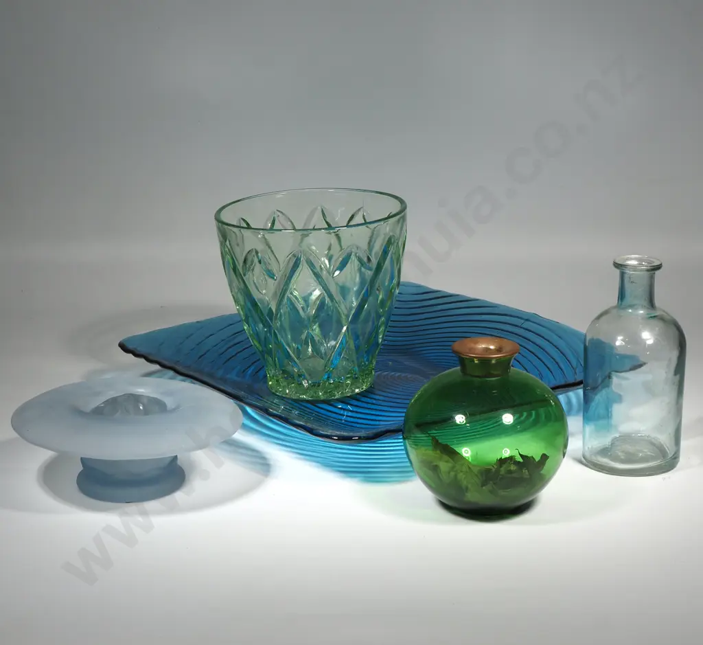 Glass Items To Include Green Cut Glass Vase, Large Blue Platter, Art Deco Bagley Frosted Glass Posy Bowl "Elf" Pattern Image 1++