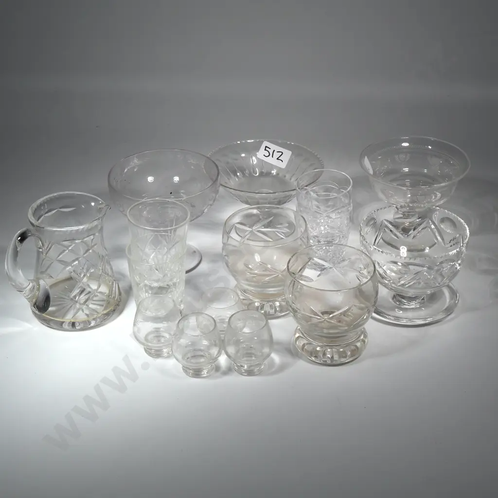 A Selection Of Small Crystal Items To Include Four Small Assorted Crystal Bowls, Two Whisky Glasses, Crystal Cream Jug,  Image 1++