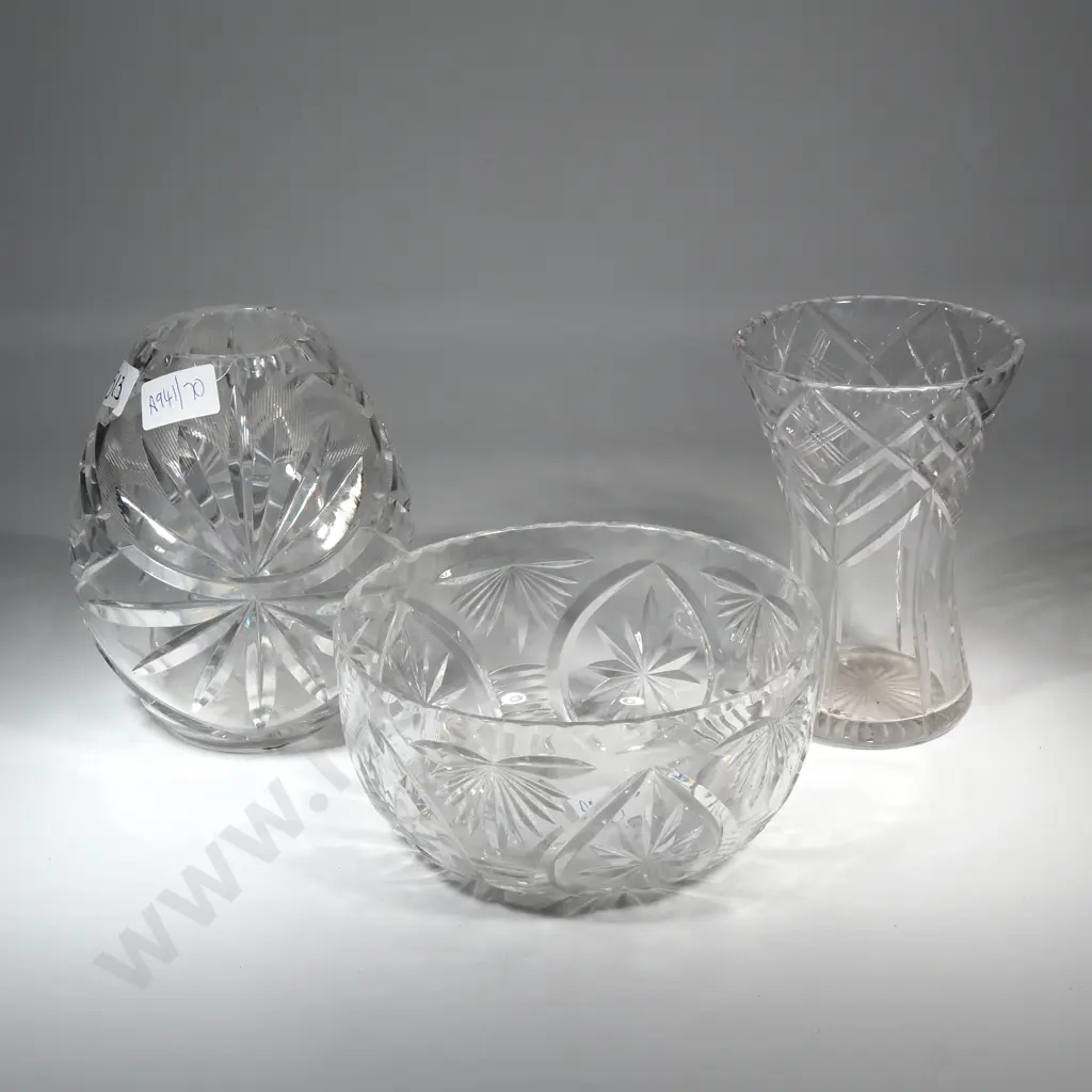 Three Crystal Items; Crystal Bowl, Waisted Crystal Vase & A Heavy Crystal Egg Shaped Vase.  Image 1++