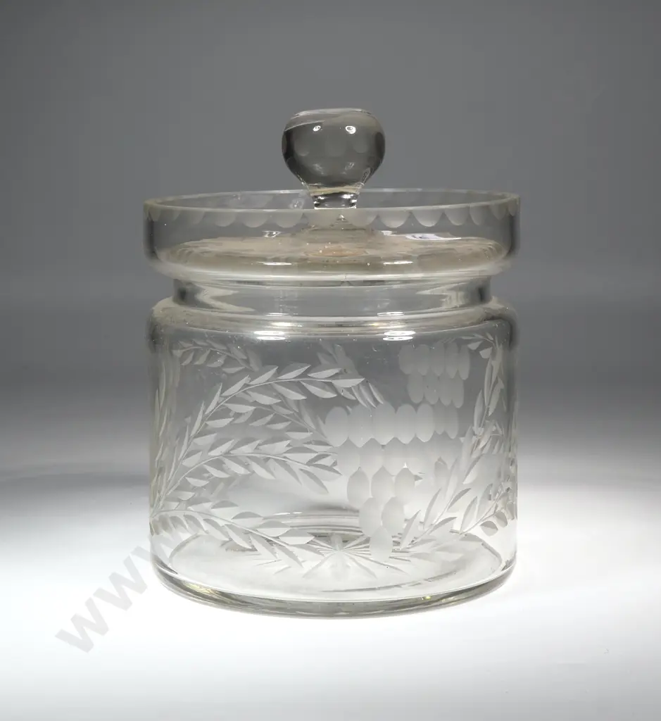 Large Vintage Etched Crystal Lidded Biscuit Jar  w Grape & Leaf Design Image 1++