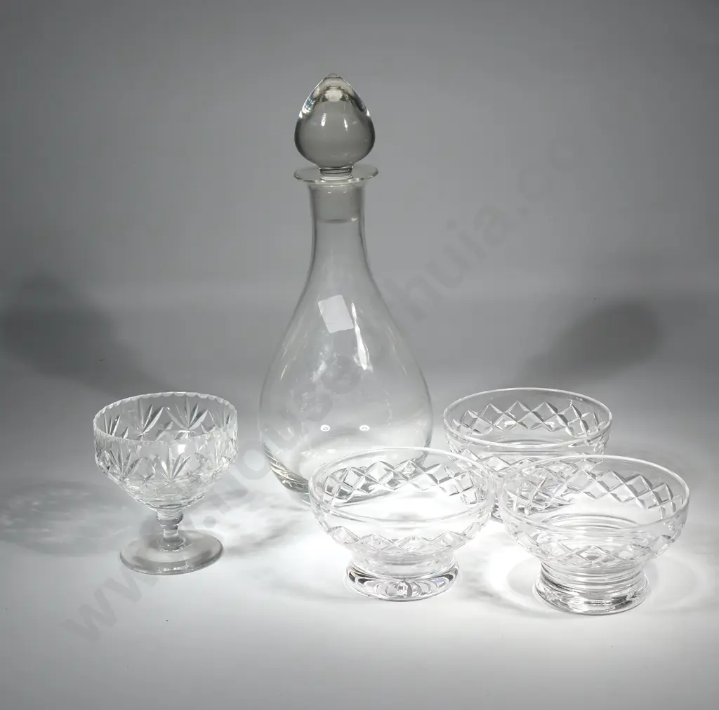 Clear Glass Decanter Of Tear Drop Form, Three Crystal Dessert Bowls & A Small Crystal Comport Image 1++