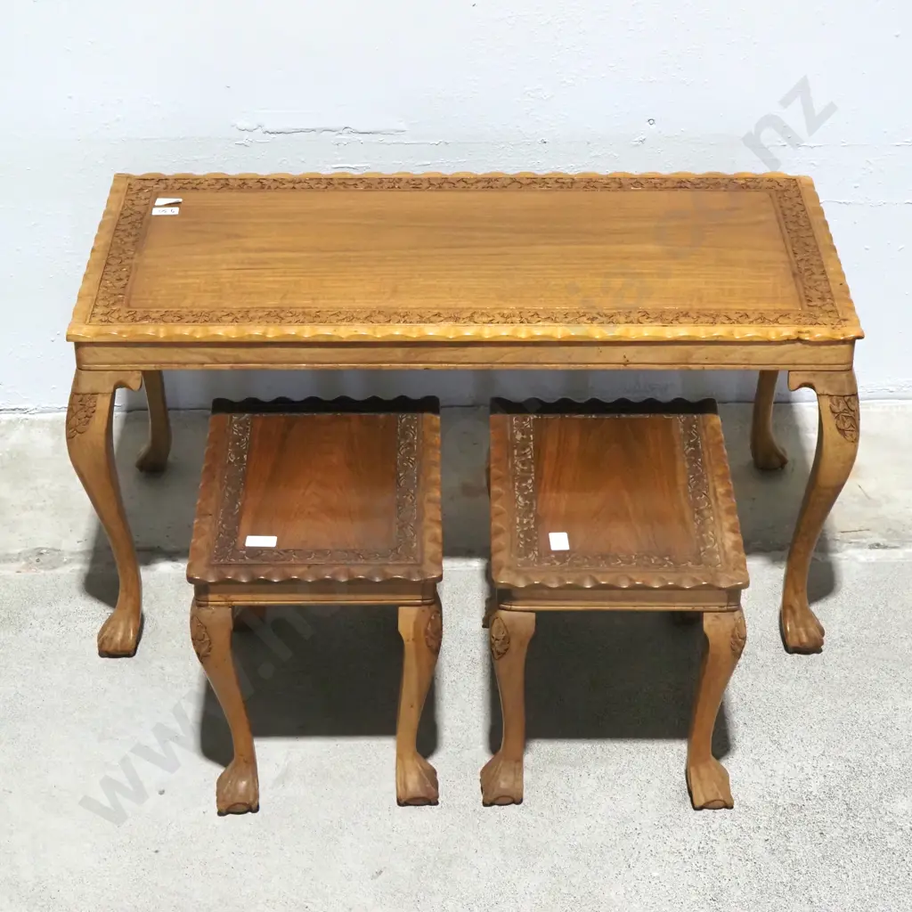 Vintage Coffee Table  With Two Side Tables Below. All Tables with Scalloped & Foliate Carved Border On Cabriole Legs Image 1++