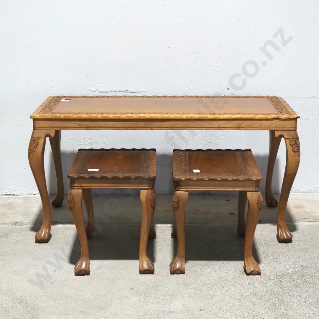 Vintage Coffee Table  With Two Side Tables Below. All Tables with Scalloped & Foliate Carved Border On Cabriole Legs Image 1++
