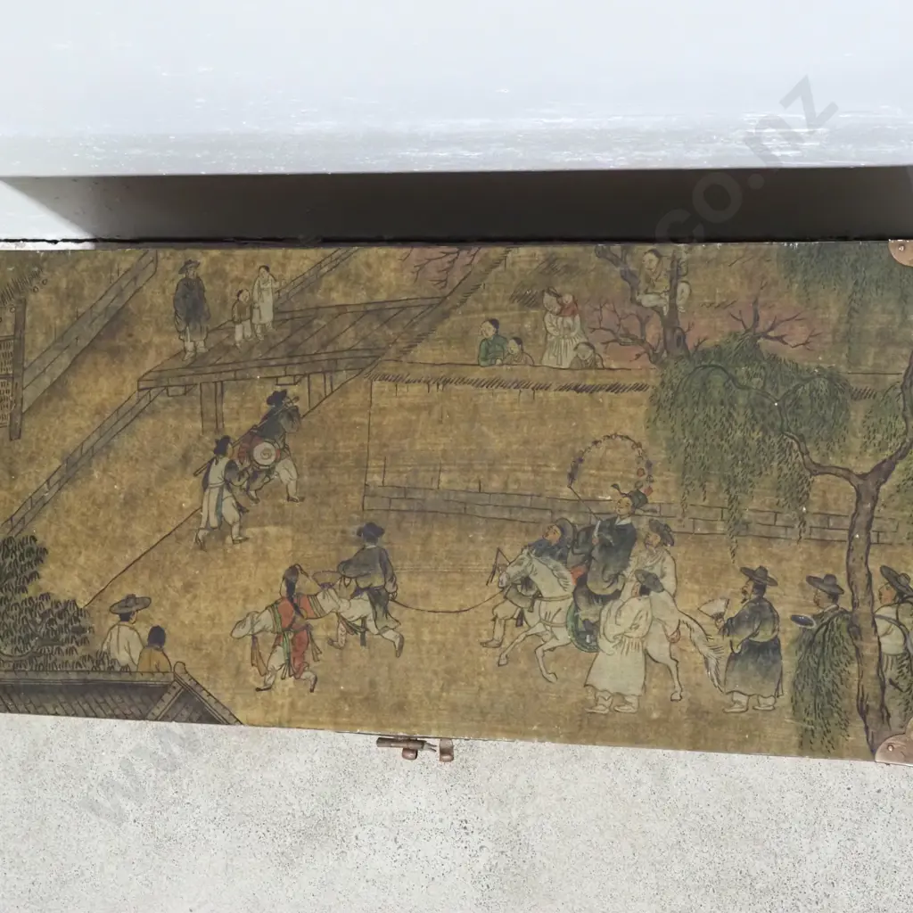 Oriental Style  Storage Chest/Trunk Paper Bound With Scenes of Daily Life with Brass "Fish" Lock & Corner Protectors. Image 1++