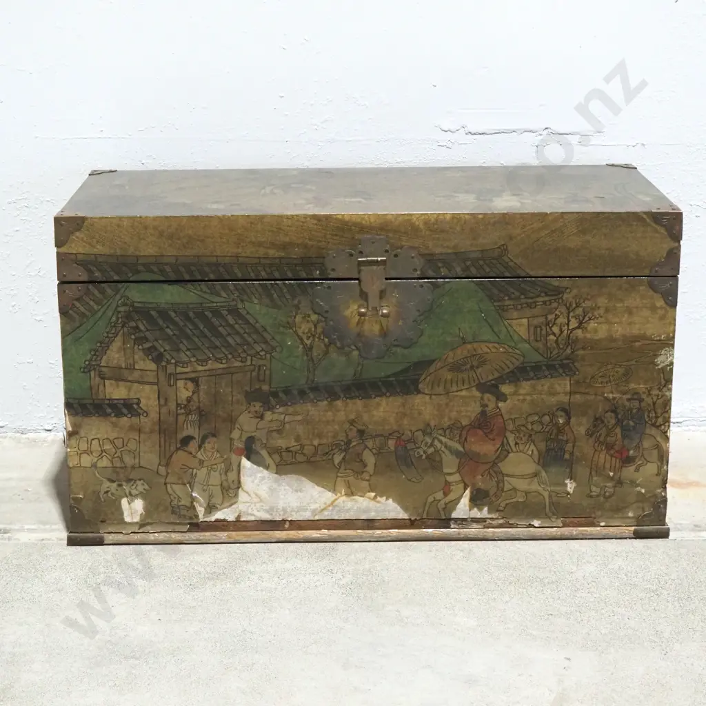 Oriental Style  Storage Chest/Trunk Paper Bound With Scenes of Daily Life with Brass "Fish" Lock & Corner Protectors. Image 1++