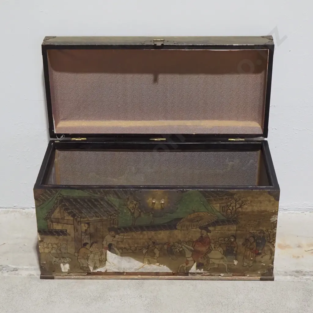 Oriental Style  Storage Chest/Trunk Paper Bound With Scenes of Daily Life with Brass "Fish" Lock & Corner Protectors. Image 1++