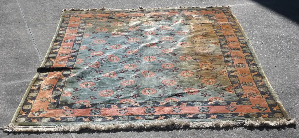 Hand Knotted Rug w Floral Design On A Sage Green Ground w Apricot & Black Accents Image 1++