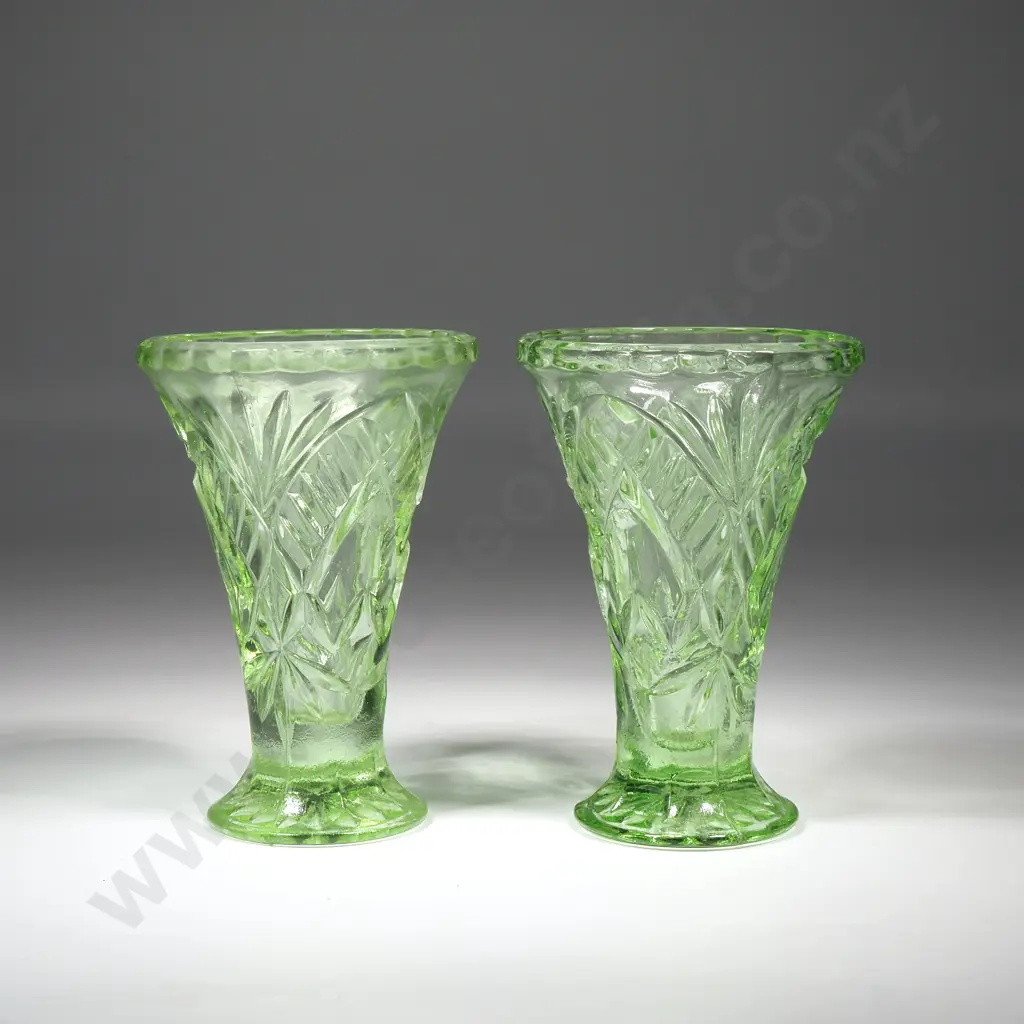 Pair of Green Cut Glass Vases  Image 1++