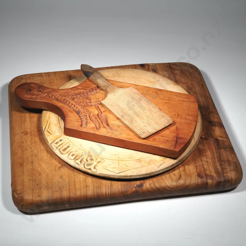 Three Vintage Bread Boards - One Carved w The Word "Bread" & Another w A Wheat Sheaf. One Butter Pat.  Image 1++