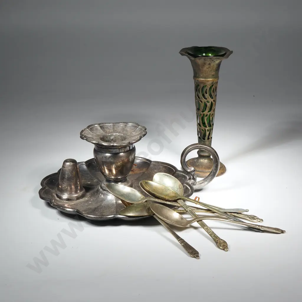 Silver Plated Items To Include Wee Willie Winkie Candlestick, Specimen Vase, Teaspoons Image 1++