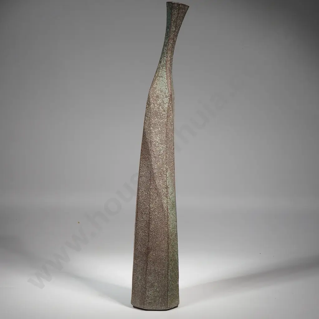 Aina Apse,  Facetted Pottery Bottle w Textured Glaze In Grey & Green Tones . H 420mm. Image 1++