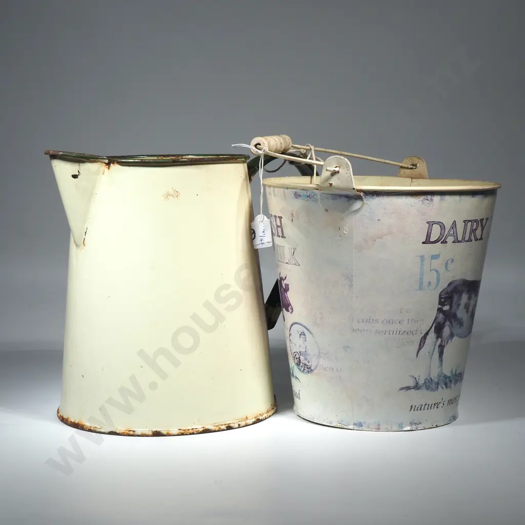 Large Enamel Cream Jug w Green Trim & An Ornamental "Dairy Fresh Milk" Pail.  Image 1++