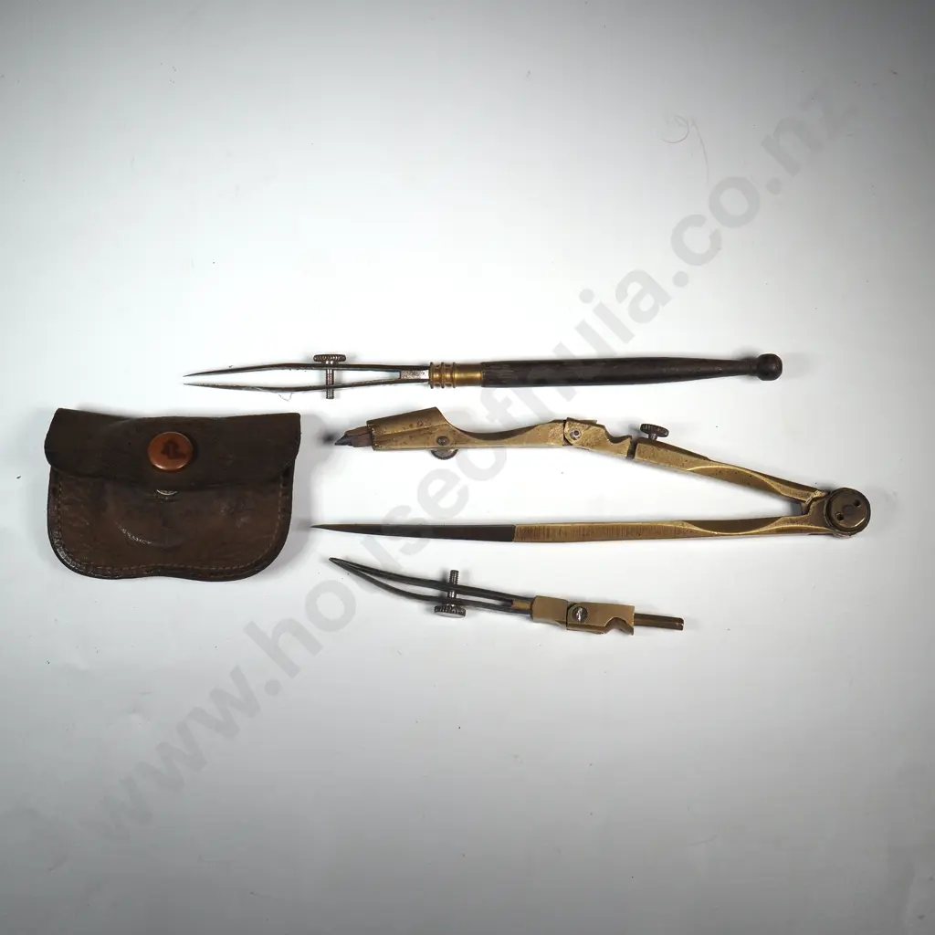 Antique  Dr. Scott's Electric Hair Brush Advertising Compass  w Original Leather Pouch &Three Brass Geometry Tools Image 1++