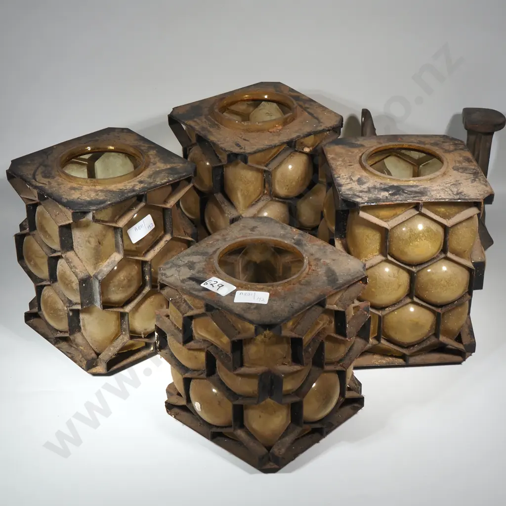 Four Honeycomb Metal & Bubble Glass Lanterns. Circa 1960s. & Crackle Glass Spherical Lamp Shade Image 1++