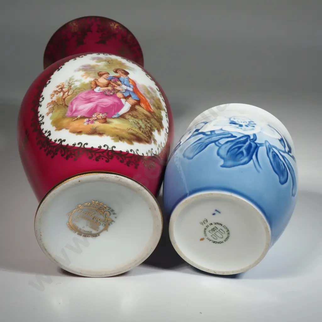 Large Crimson Limoges Vase w Fragonard Courting Couple Decoration & Copenhagen Vase  w Floral Decoration Image 1++